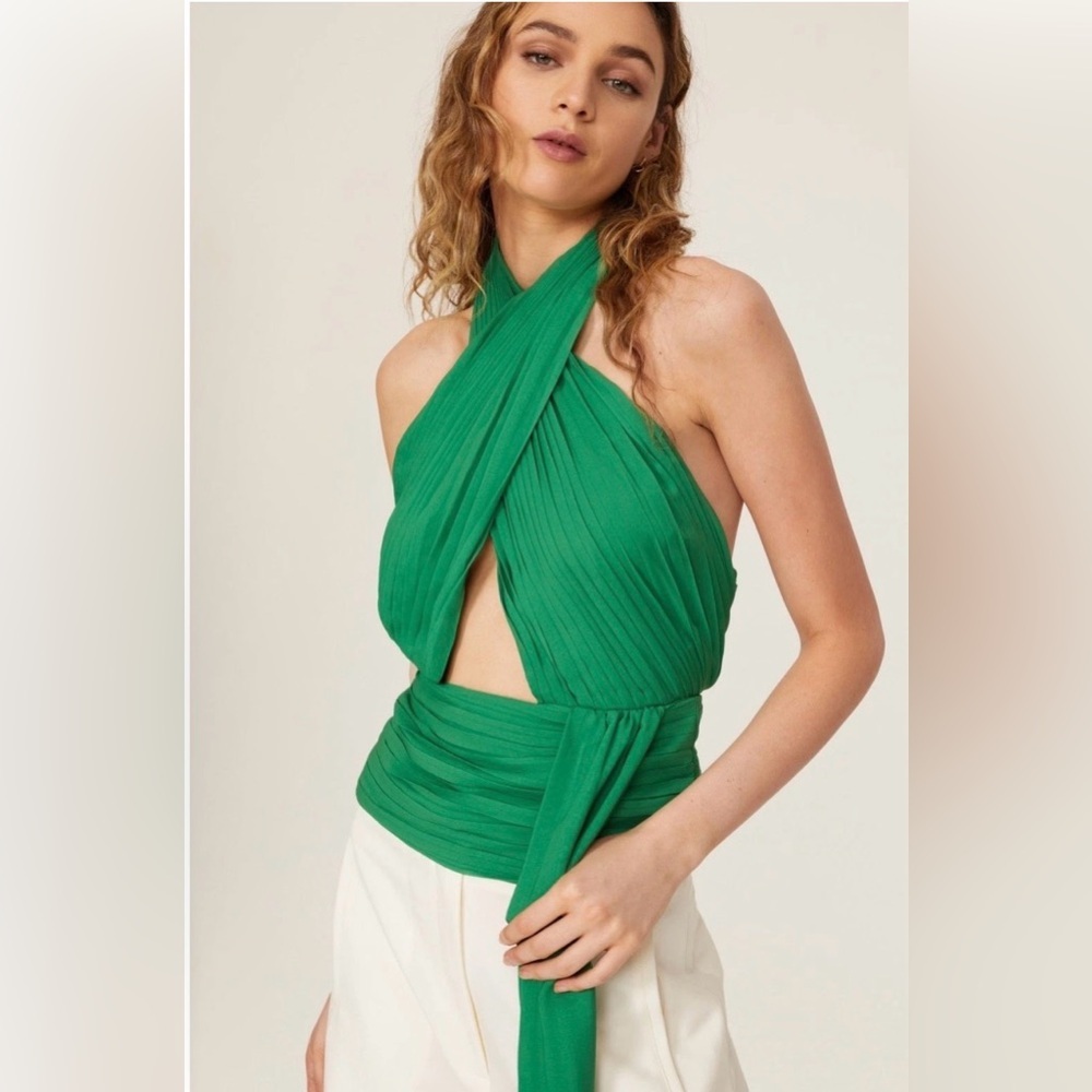 De La Vali Women’s size 2 Green Pareo Twisted Halter Neck Draped Sleeveless Top